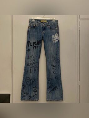 90s Y2K Vintage Z CAVARICCI Music Lyrics Graffiti Low Rise Jeans Bootcut 5/26